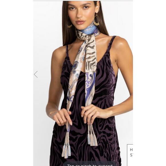 Johnny Was Valentin Silk Patchwork Tassel Detail Scarf Blue Taupe - Picture 4 of 9